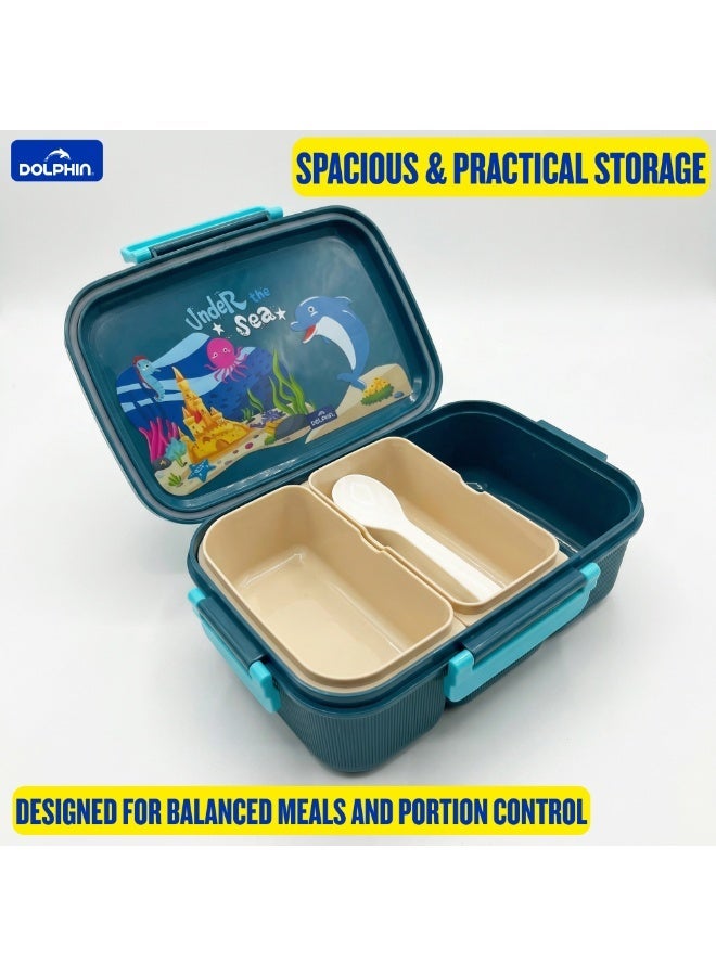 Dolphin Lunch Box Set Blue, 3-Compartment Bento Box 1800 ml with Water Bottle & Thermal Bag - Image 3